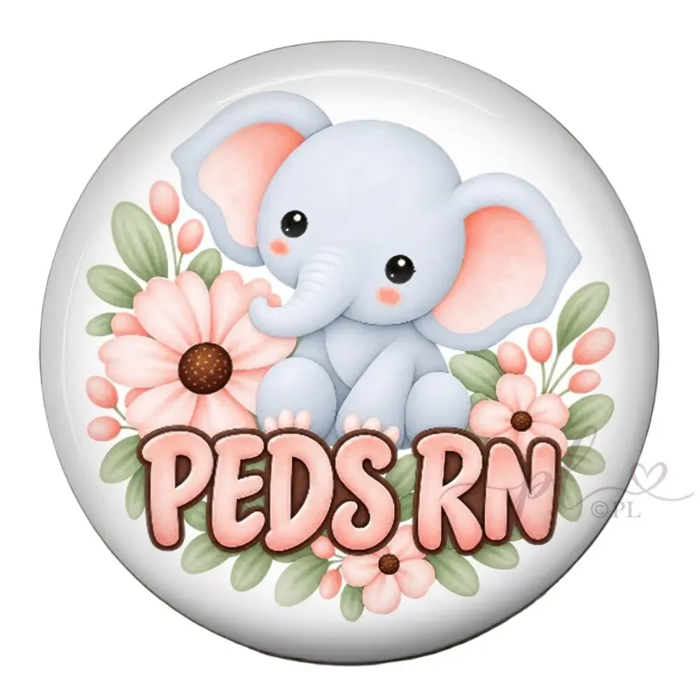 PEDS RN Badge Reel Pediatric Registered Nurse Cute Elephant Floral ID Holder